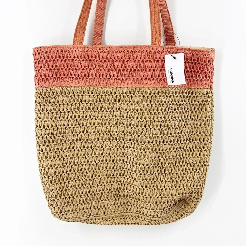 ✅ NWT SONOMA WOVEN BAG TAN/CORAL BEACH BAG‎